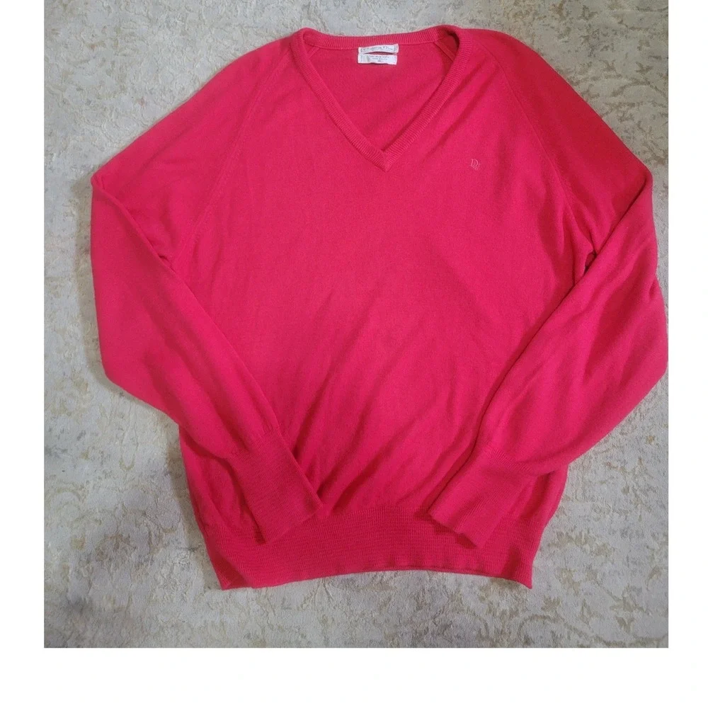 Christian Dior Vintage Pink V-Neck Sweater Mens XL Orlon Acrylic Made in USA